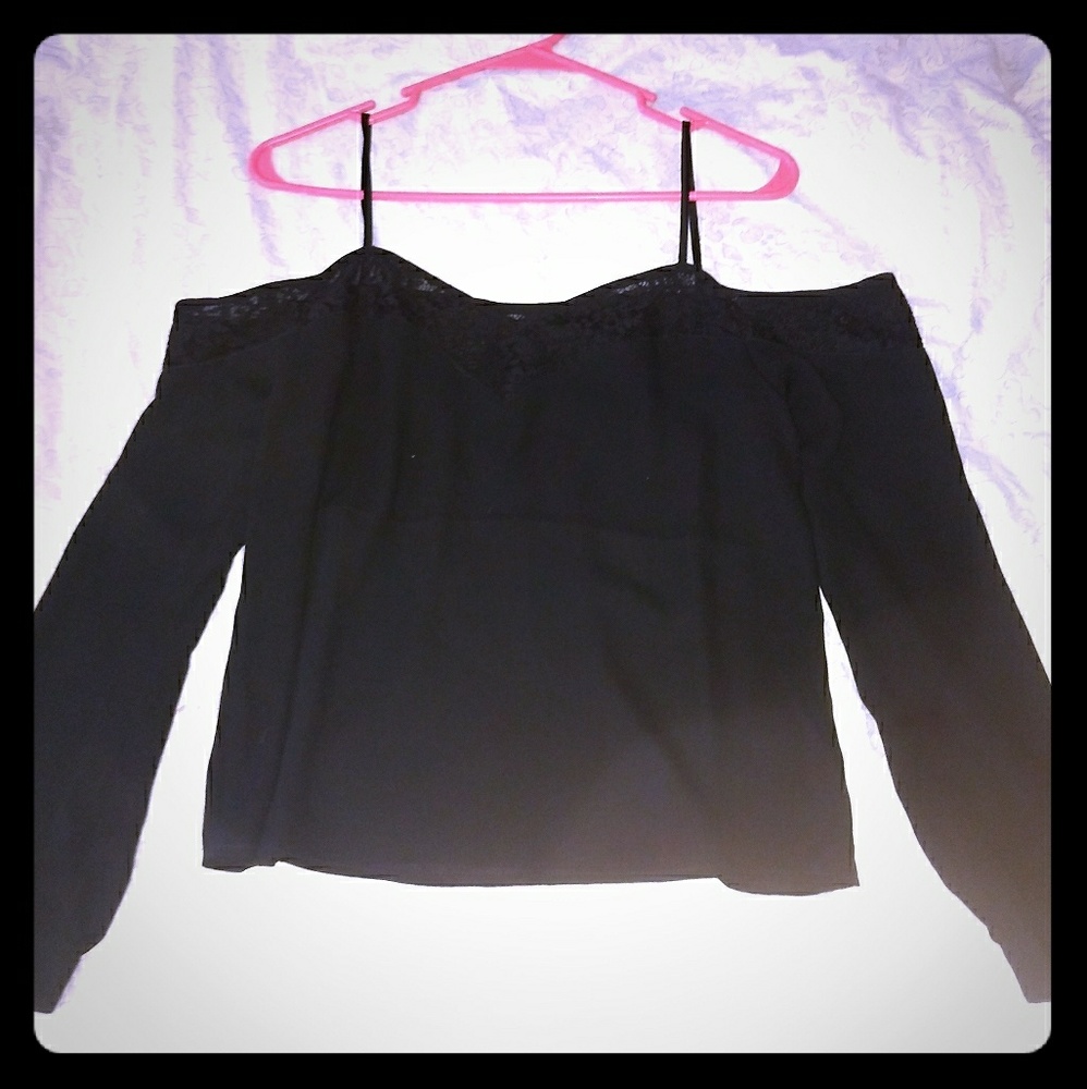 Express Long Sleeve Cold Shoulder LaceTrim Blouse